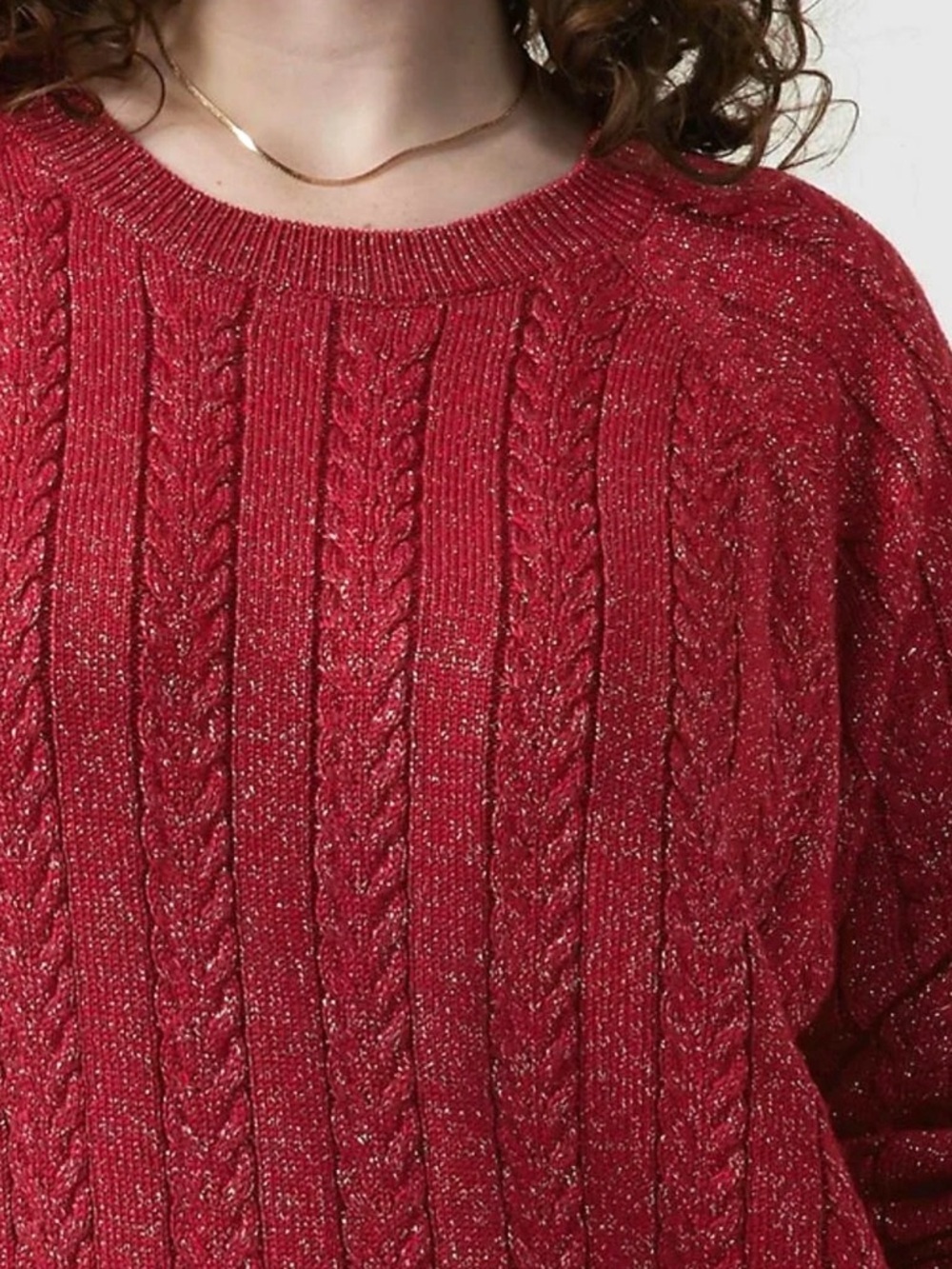 Athleta Crossroads Crew Sweater Red Metallic Cable Knit Cozy XL Holiday Luxe - Picture 2 of 14